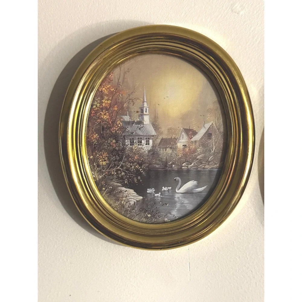 Vintage Set of 2 Oval Gold Framed Landscape Wall Art Swan Pond Cottage 8x6.5